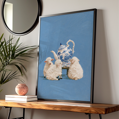Lambs Tea Party Poster, Blue White Chinoiserie Teapot, Whimsical Sheep Art Print