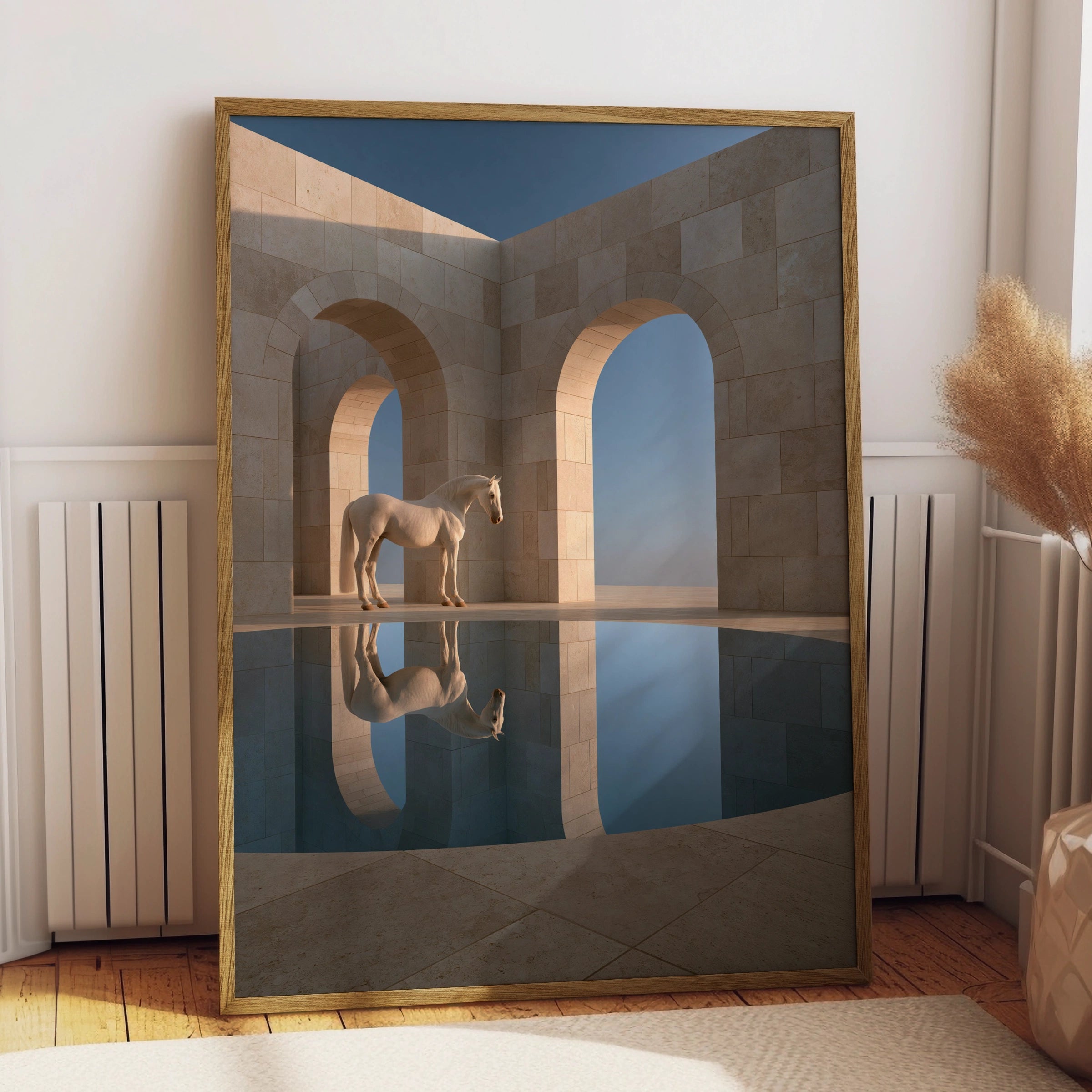 White Horse Reflection Travertine Arch Poster, Minimalist Wall Art Print