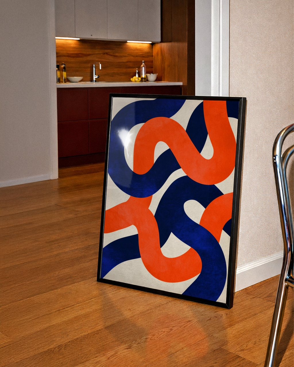 Abstract Swirl Pattern Poster, Red Blue White Bold Curves, Modern Wall Art