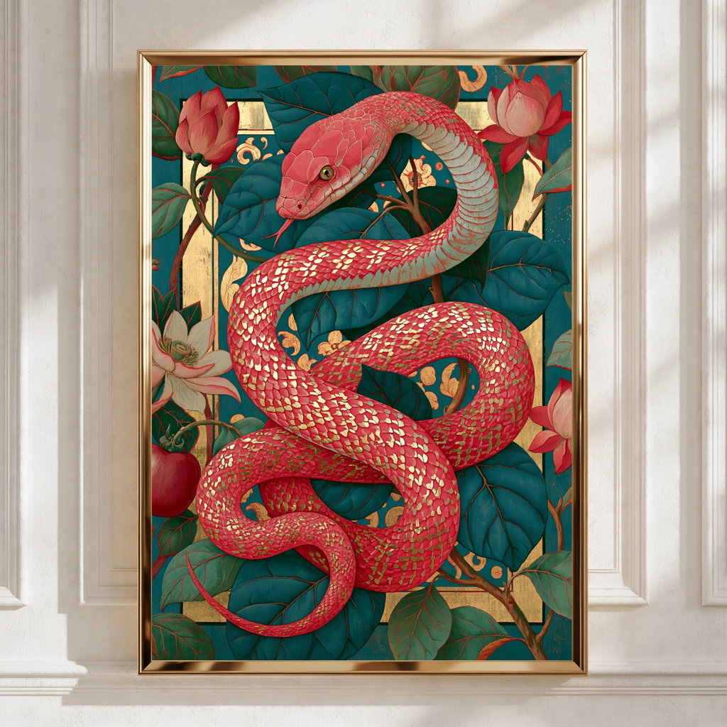 Red Snake Botanical Wall Art Poster, Gold Floral Teal Art Nouveau Print