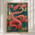 Red Snake Botanical Wall Art Poster, Gold Floral Teal Art Nouveau Print