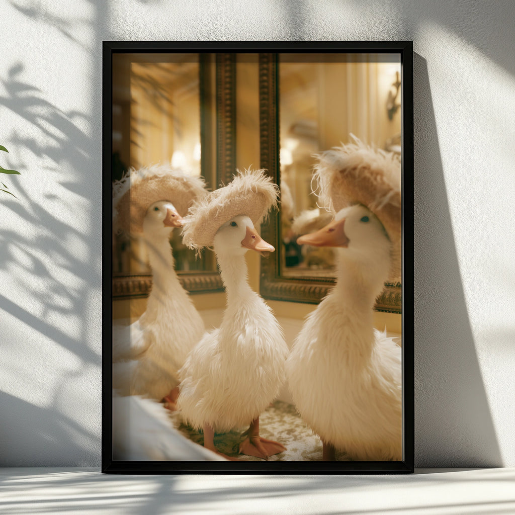 Ducks in Hats Wall Art Poster, Whimsical White Ducks, Funny Animal Print