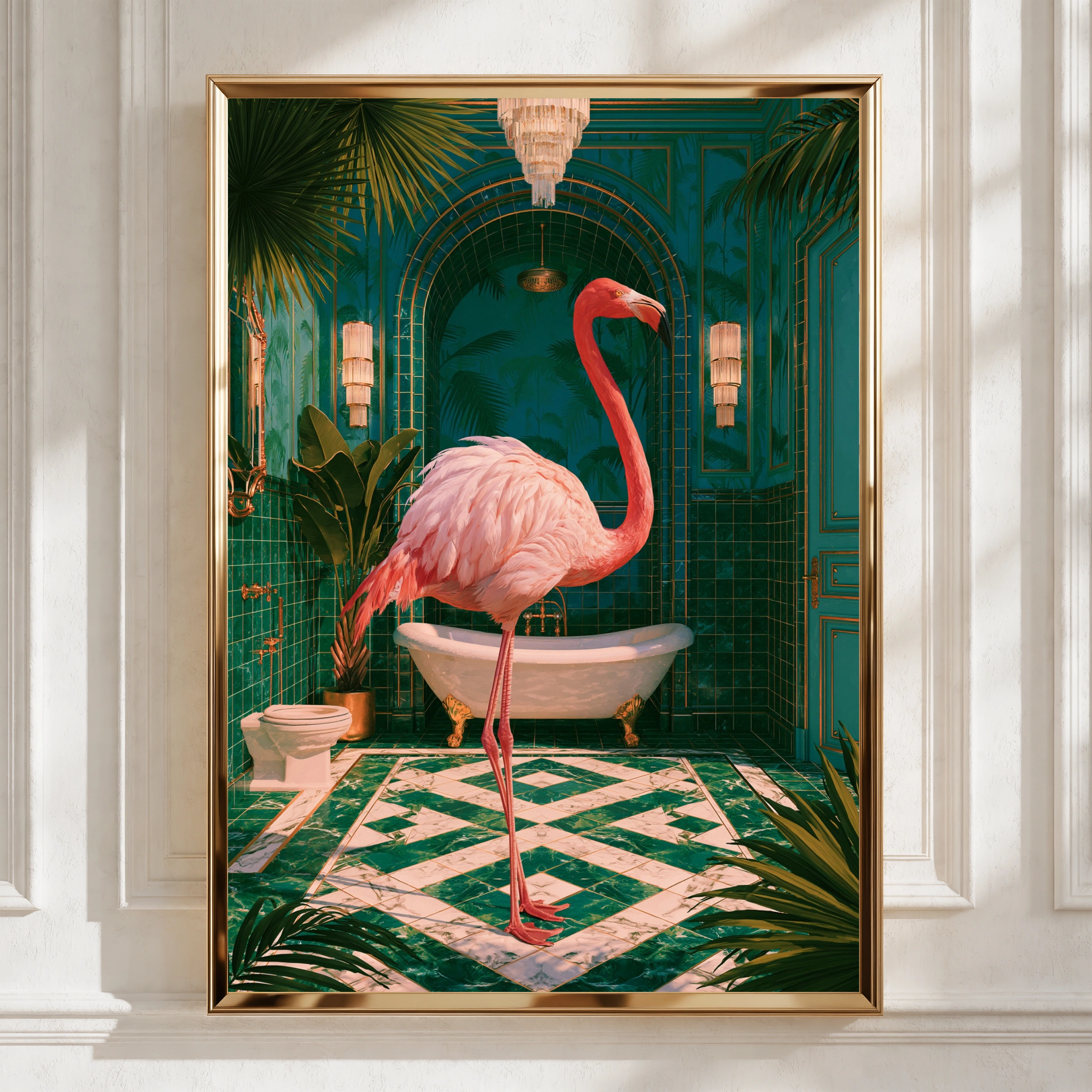 Flamingo Green Bathroom Poster, Pink Bird Tropical Art Deco Print