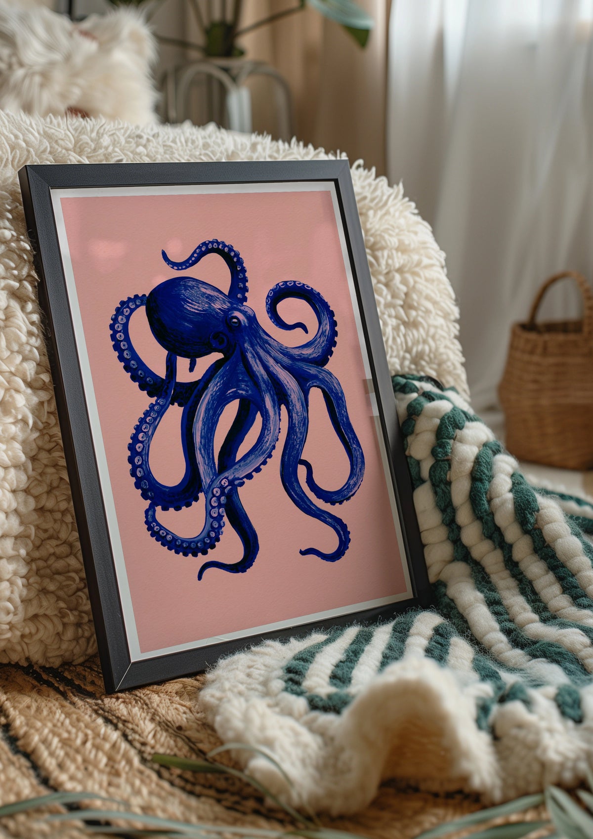 Blue Octopus Poster, Navy & Pink Wall Art, Bold Sea Creature Print