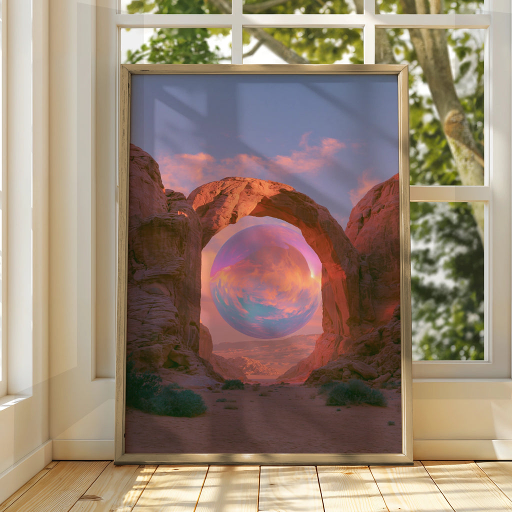Desert Canyon Arch Surreal Sphere Poster, Iridescent Art Print, Dreamy