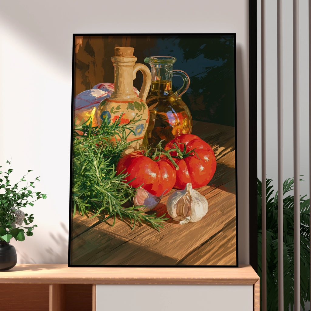 Tomatoes Garlic Olive Oil Rosemary Still Life Poster, Mediterranean Kitchen Art