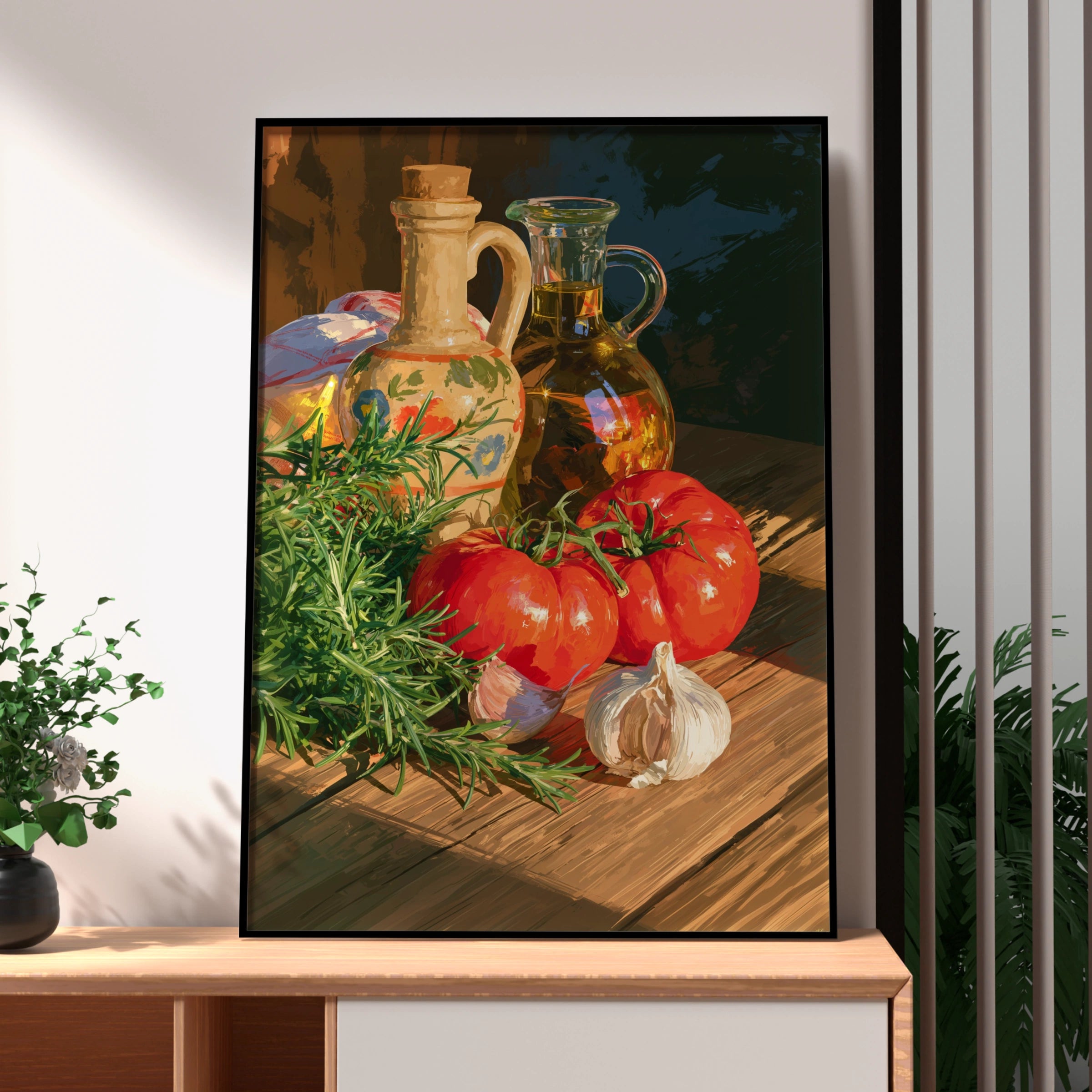Tomatoes Garlic Olive Oil Rosemary Still Life Poster, Mediterranean Kitchen Art