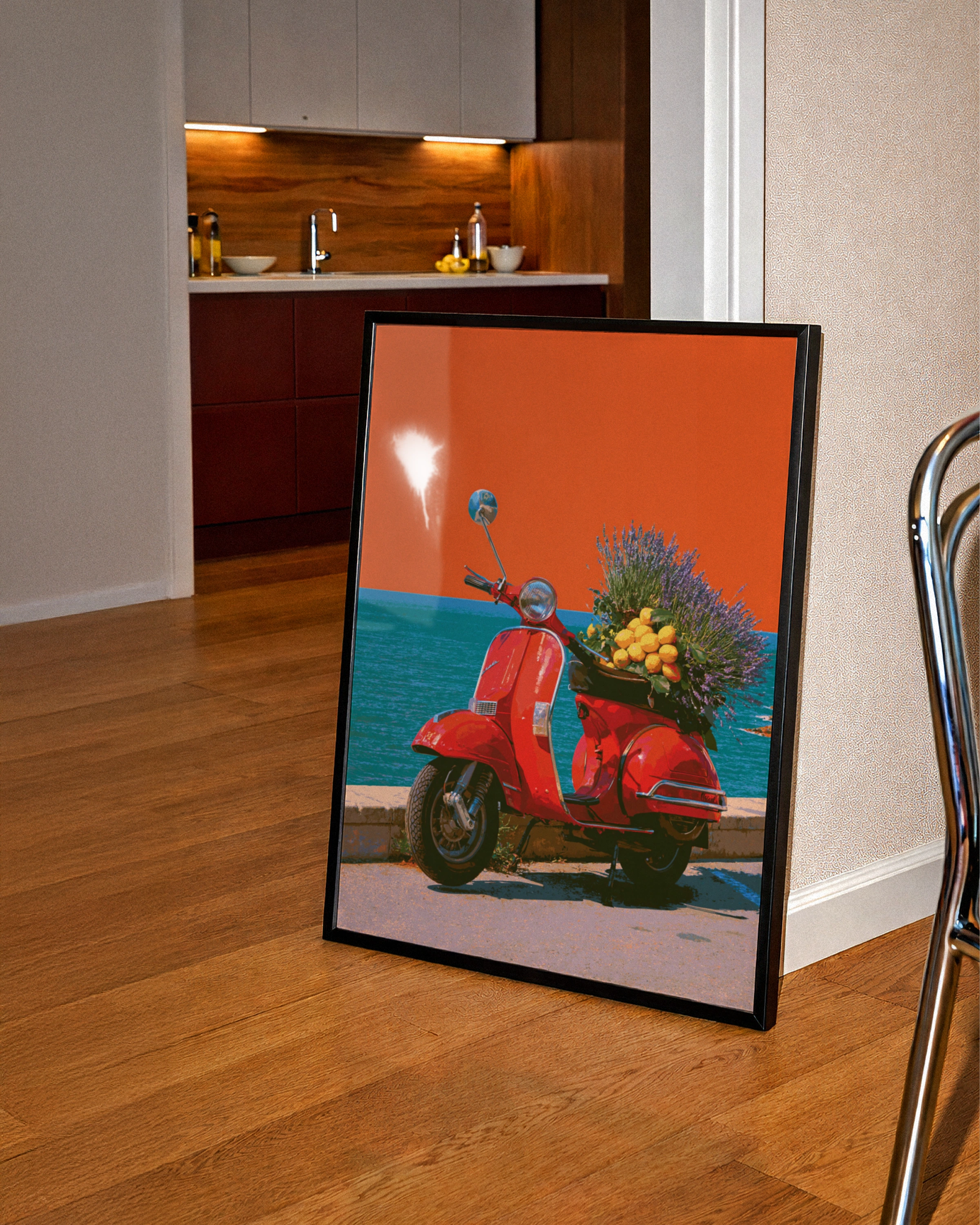Red Vespa Lavender Lemons Sea Wall Art Poster, Italian Scooter Print