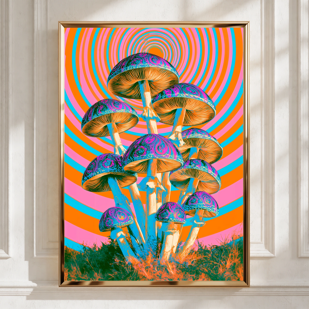 Psychedelic Mushroom Poster, Retro Trippy Wall Art, Orange Pink Groovy Print