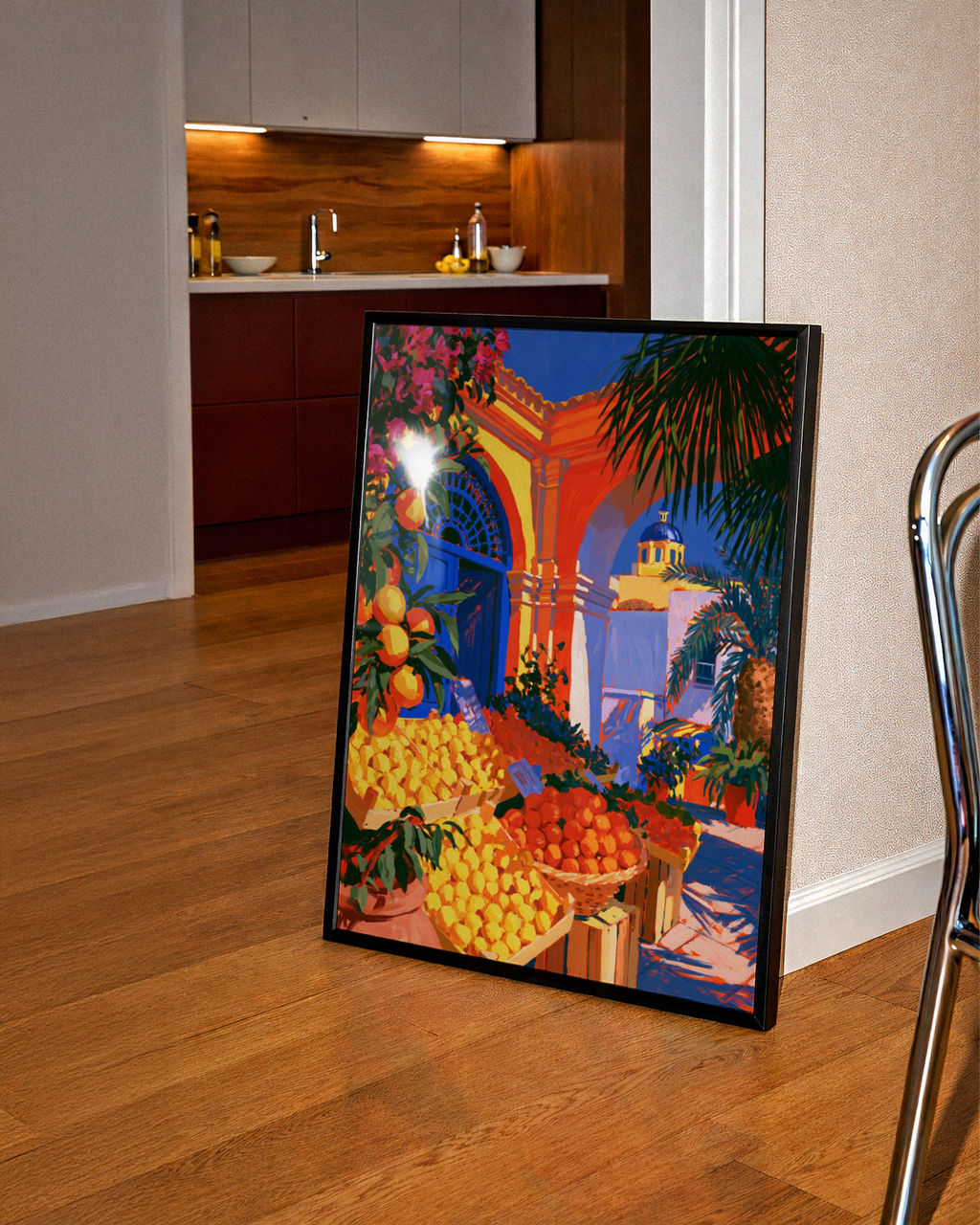 Mediterranean Market Lemons Oranges Poster, Colourful Fruit Stall Wall Art