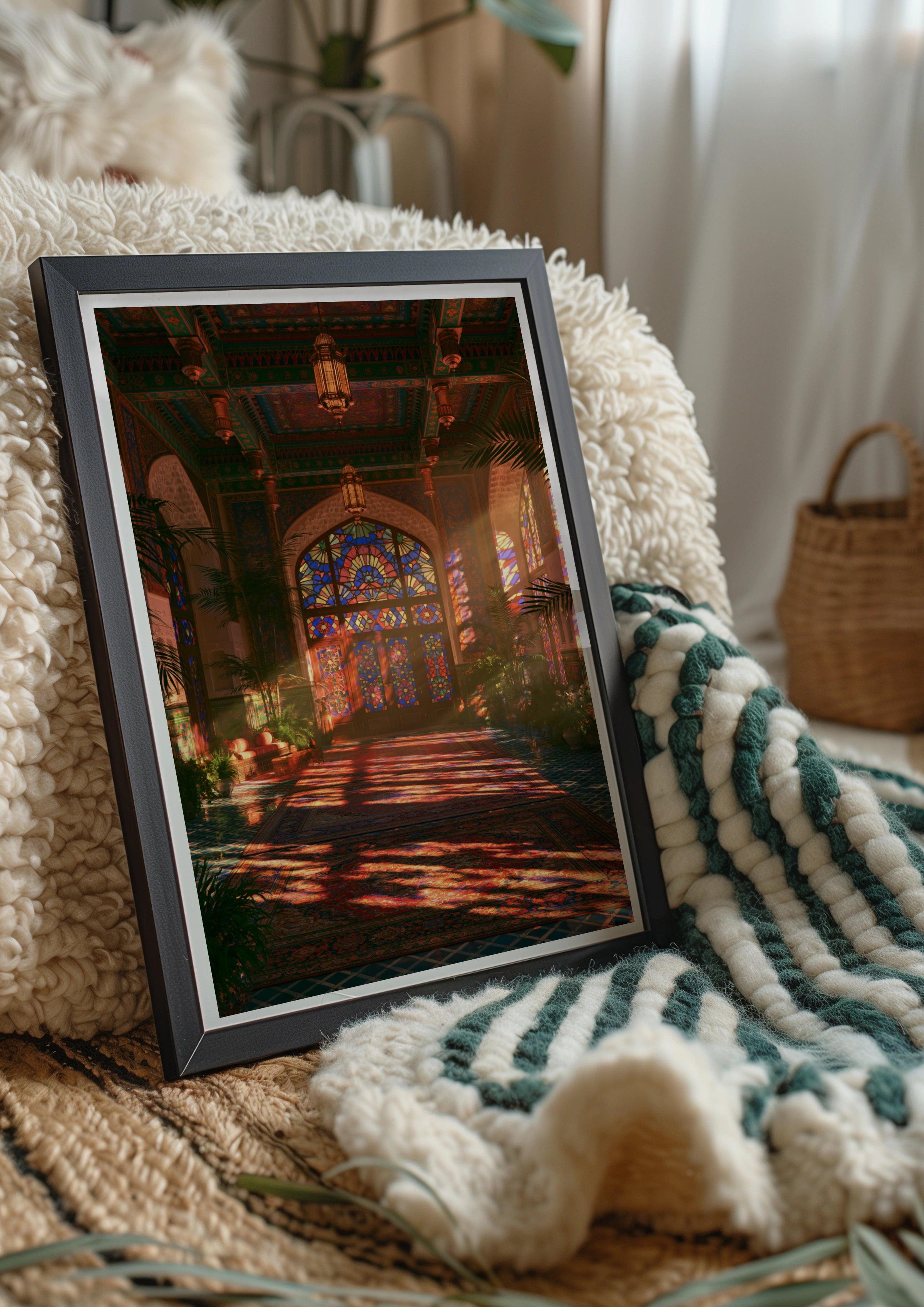 Stained Glass Hall Sunset Poster, Moorish Interior Art Print, Warm Golden Light