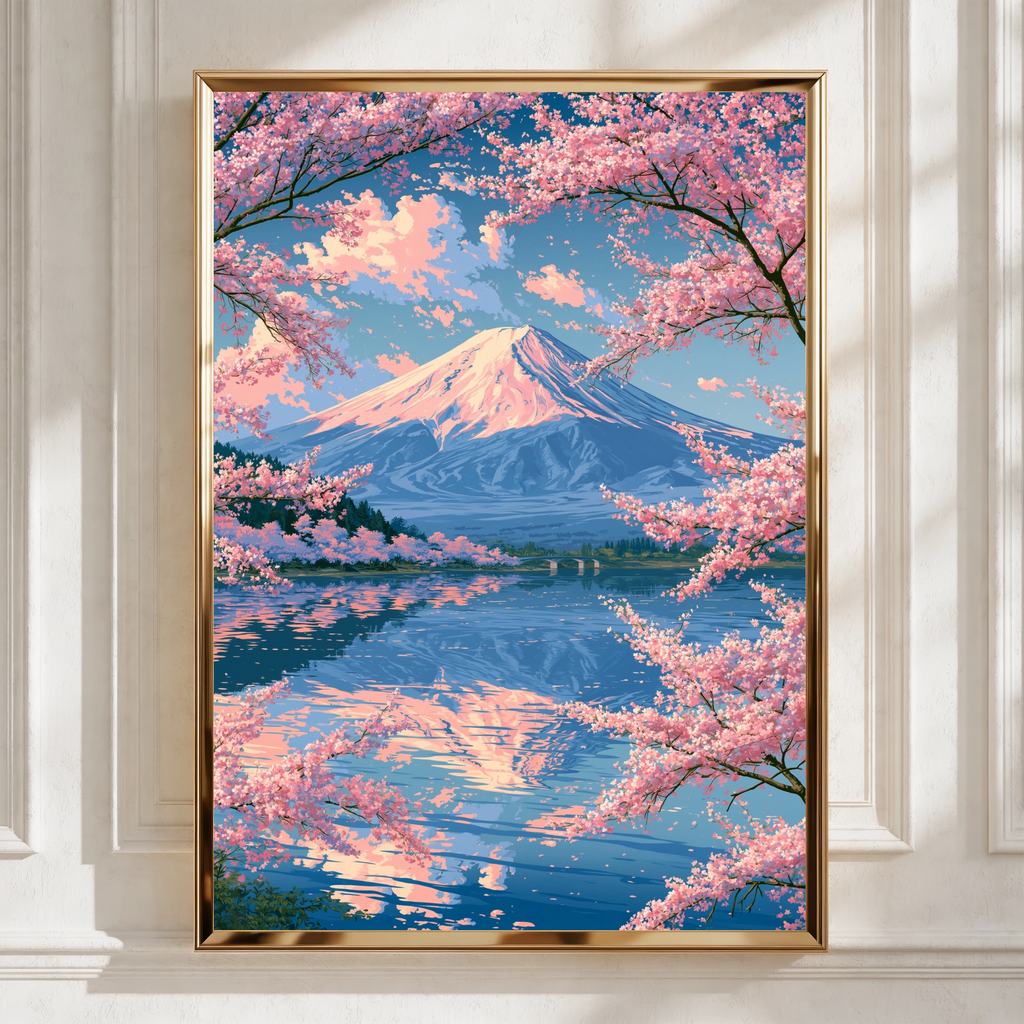 Mount Fuji Cherry Blossom Poster, Japan Lake Reflection Wall Art, Sakura Print