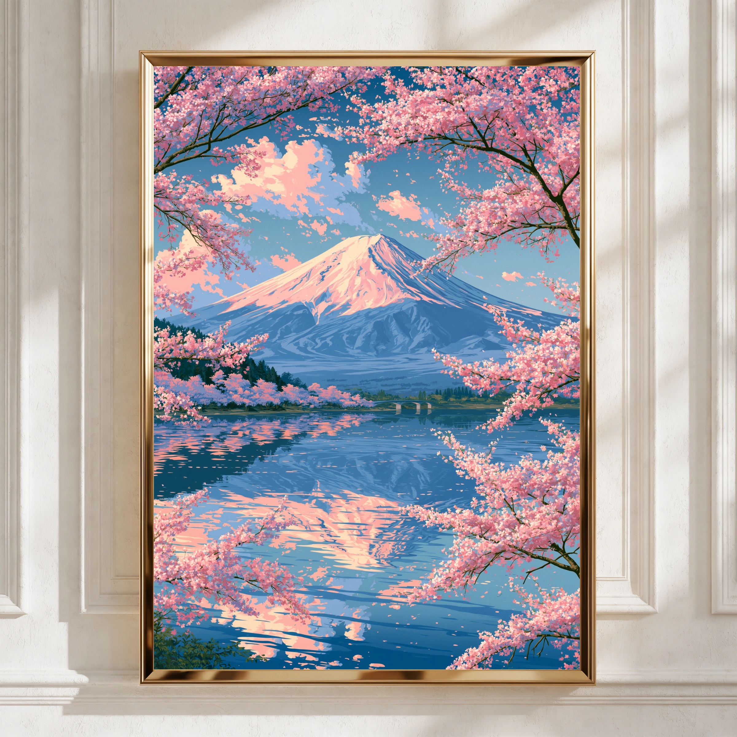 Mount Fuji Cherry Blossom Poster, Japan Lake Reflection Wall Art, Sakura Print