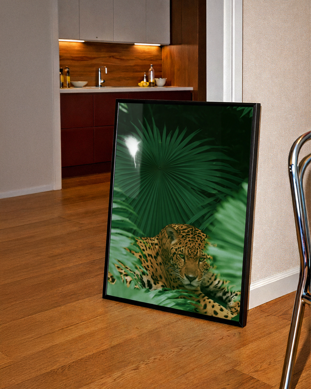 Jaguar in Palm Jungle Poster, Tropical Wildlife Art Print, Bold Green