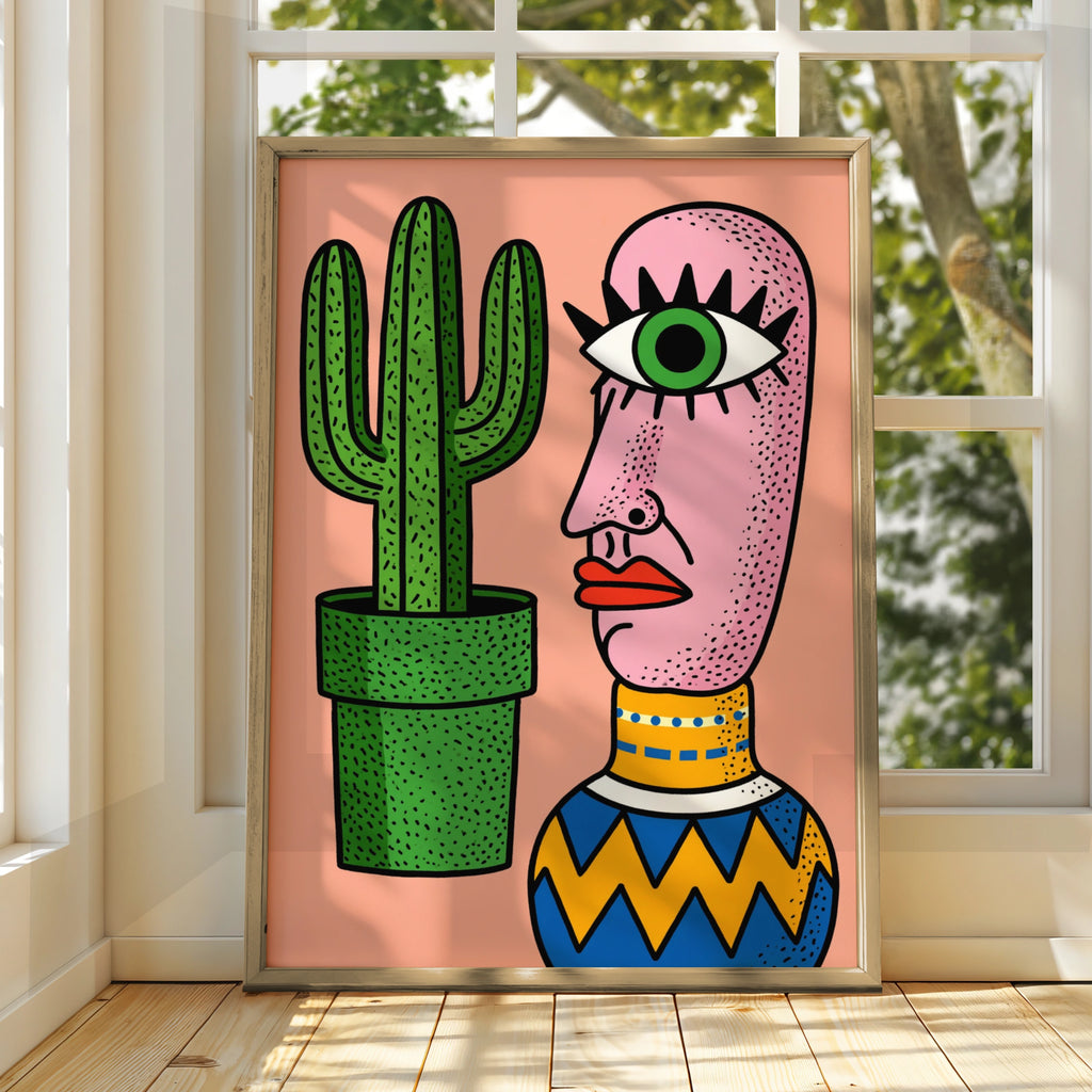Cyclops Cactus Vase Wall Art Poster, Bold Surreal Illustration Print