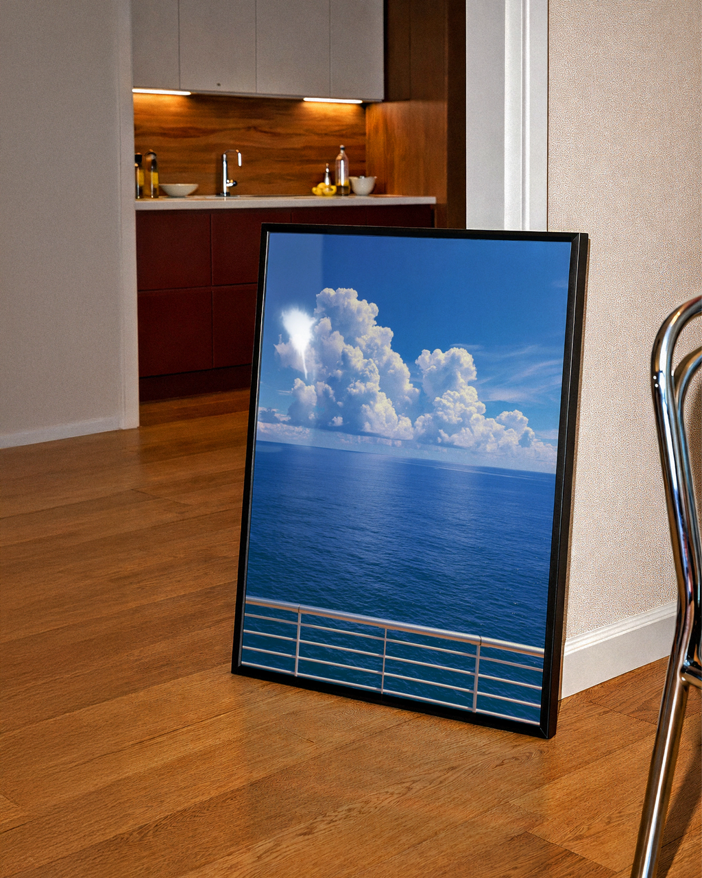 Cruise Ship Deck Ocean View Poster, Blue Sea Sky Clouds, Nautical Wall Art
