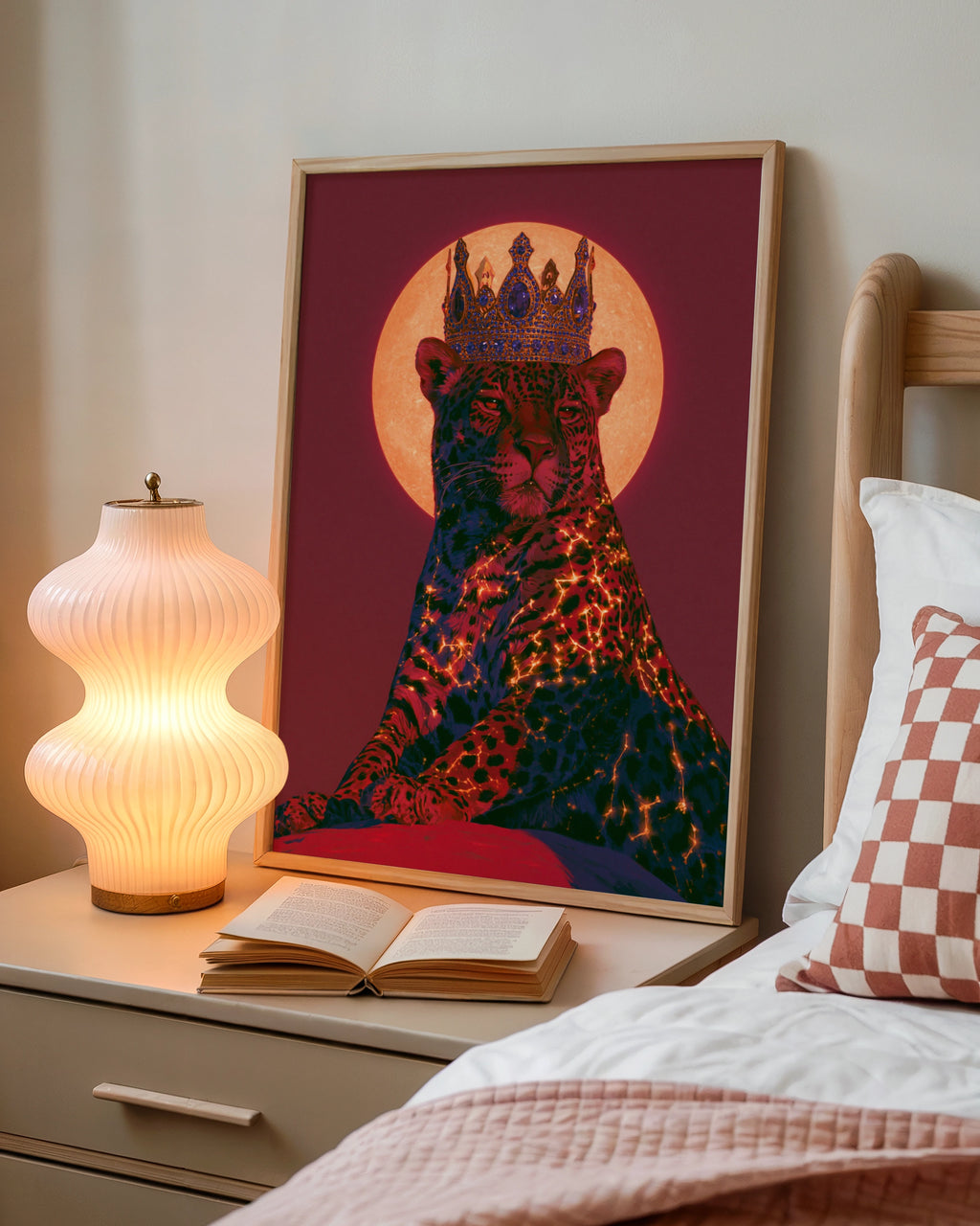 Crowned Jaguar Wall Art Poster, Crimson Moon Big Cat Print, Bold Animal Art