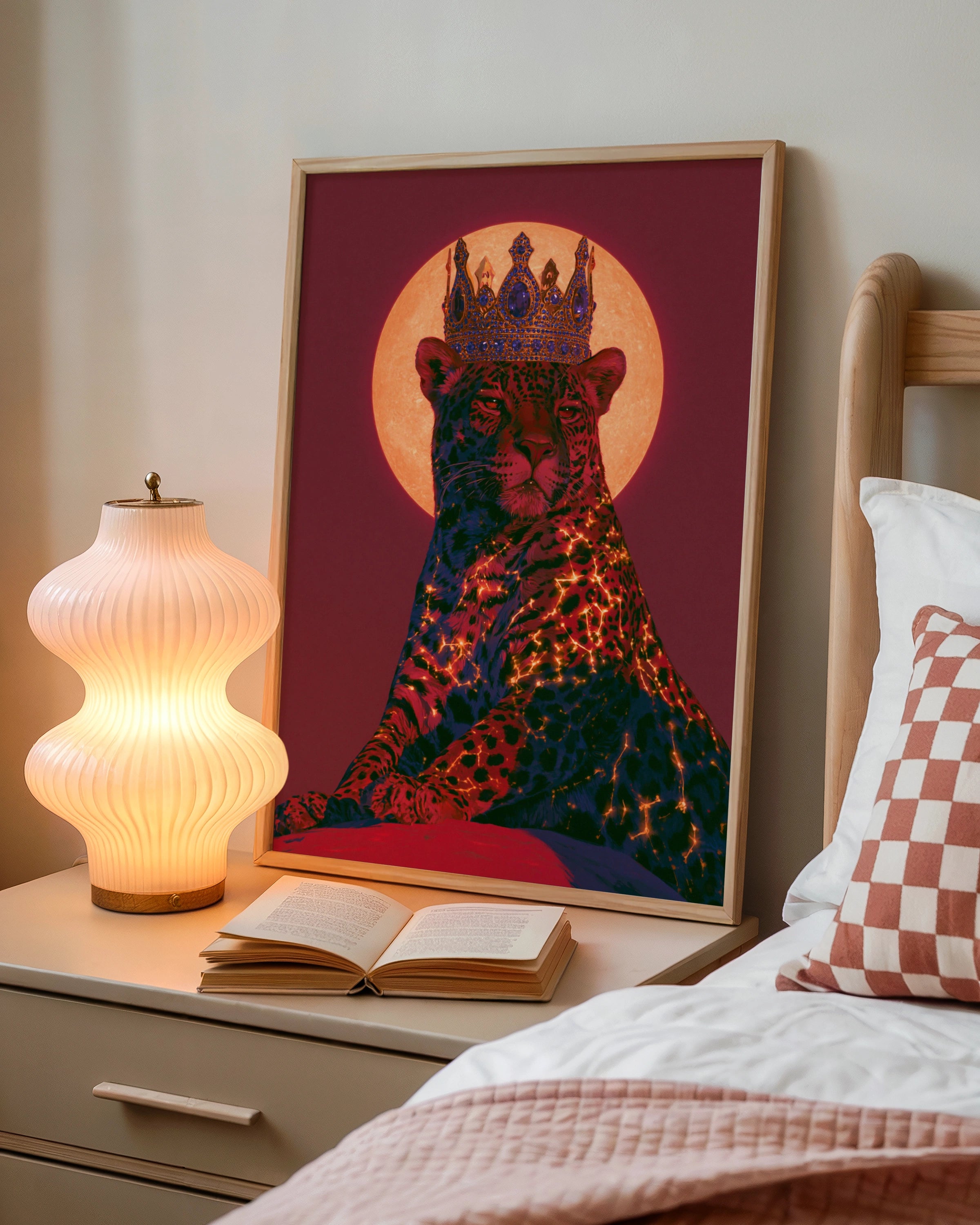 Crowned Jaguar Wall Art Poster, Crimson Moon Big Cat Print, Bold Animal Art