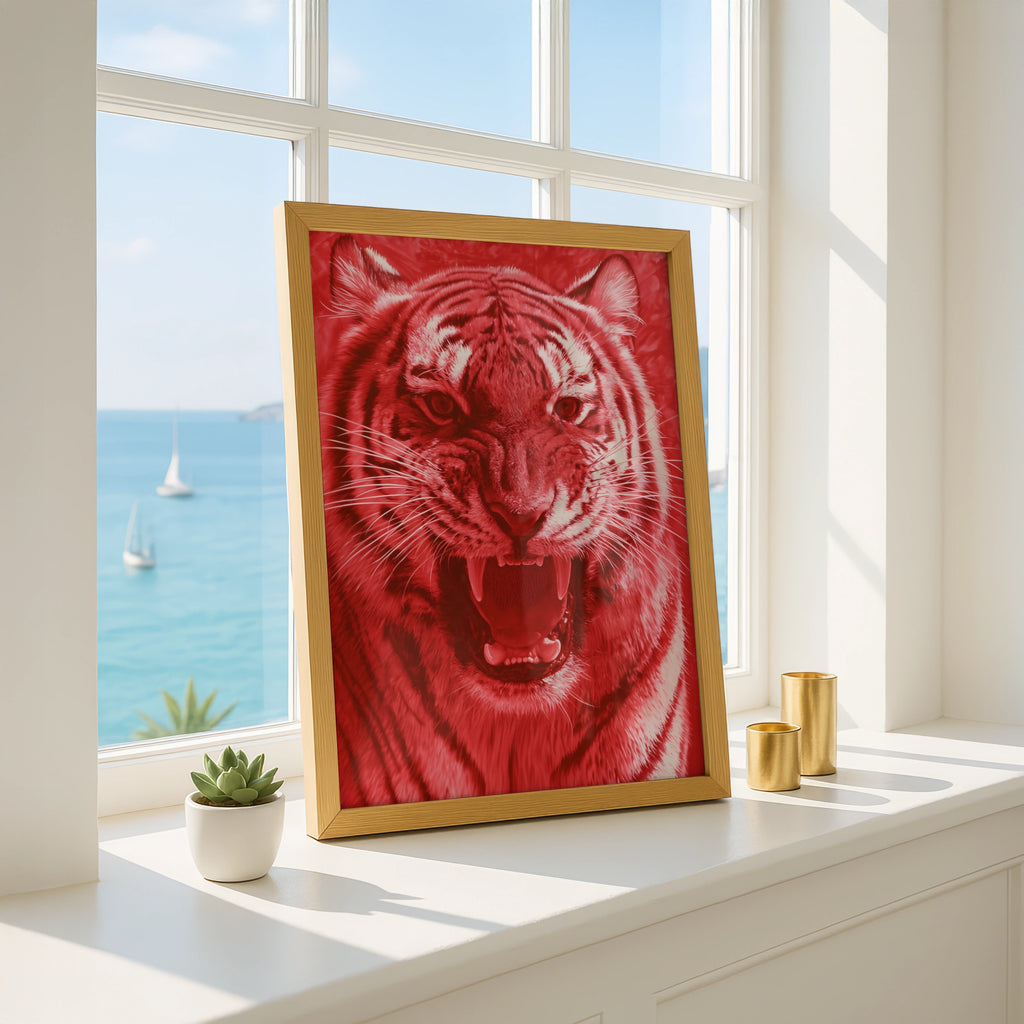 Red Tiger Growl Poster, Bold Wildlife Wall Art, Fierce Big Cat Print