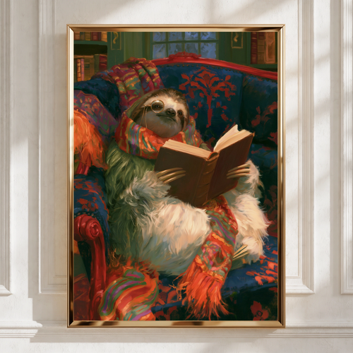 Reading Sloth Wall Art Poster, Cosy Library Print, Whimsical Animal Art