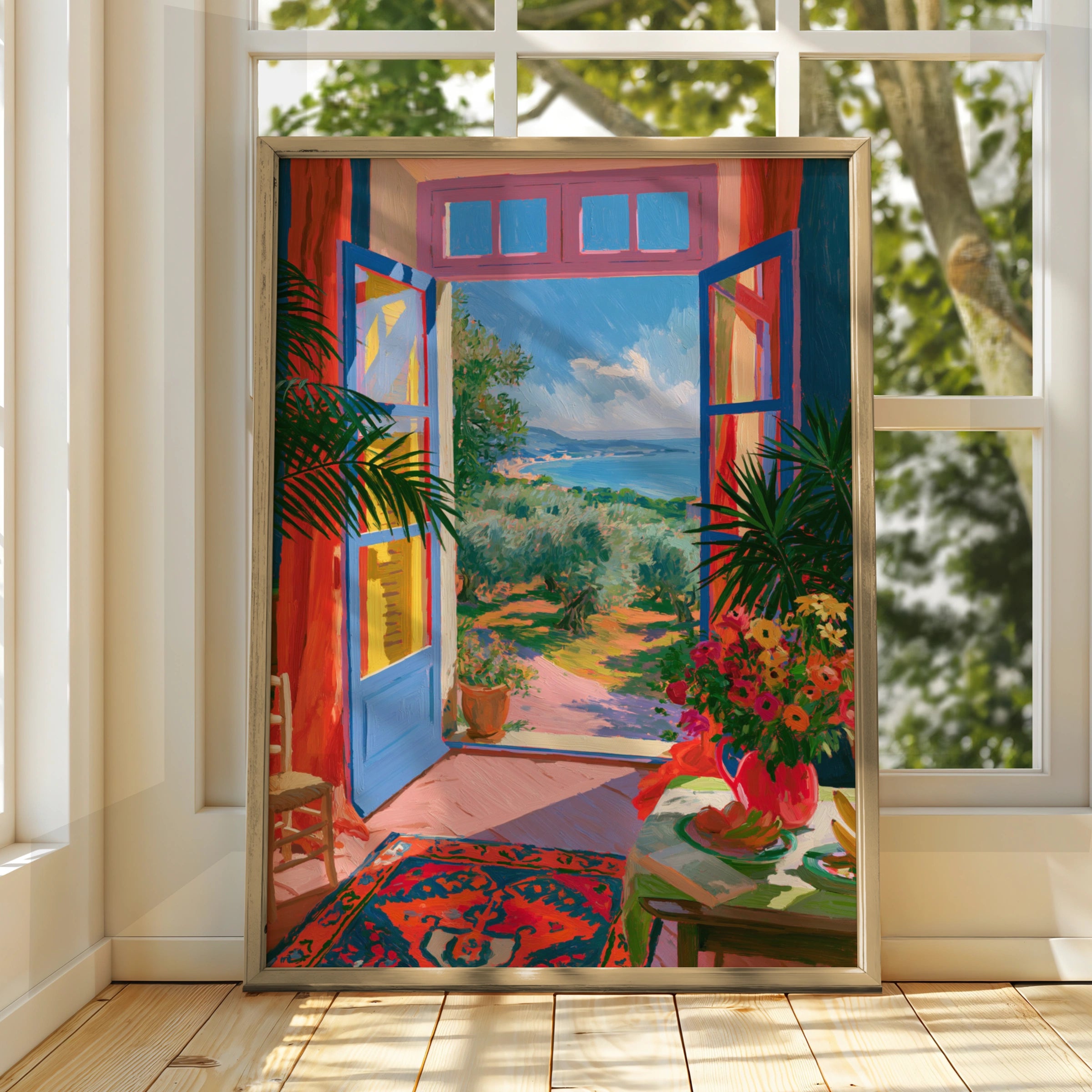 Colourful Olive Grove Window View Poster, Mediterranean Sea Art Print