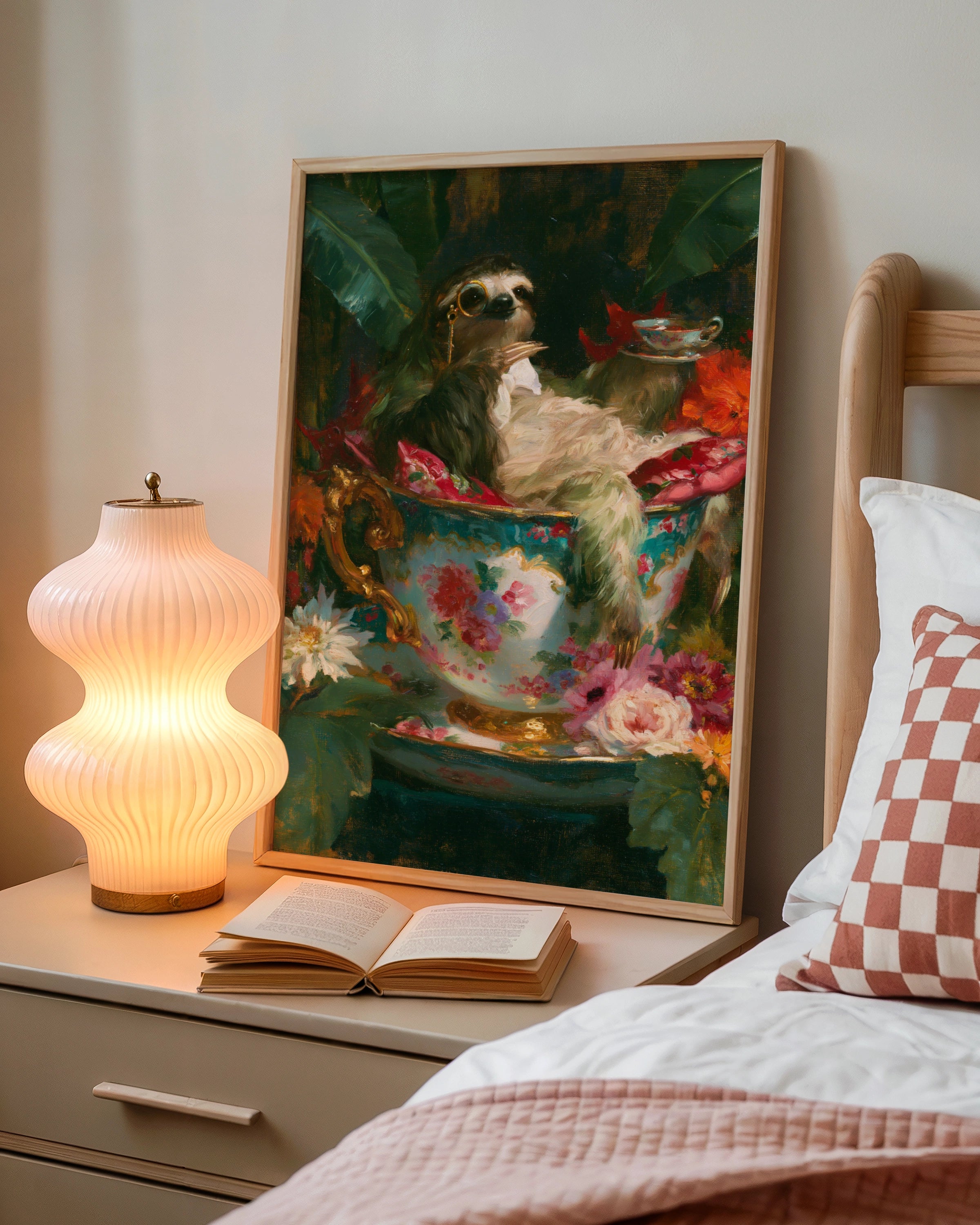 Sloth in Teacup Poster, Floral Oil Painting Style, Whimsical Animal Wall Art