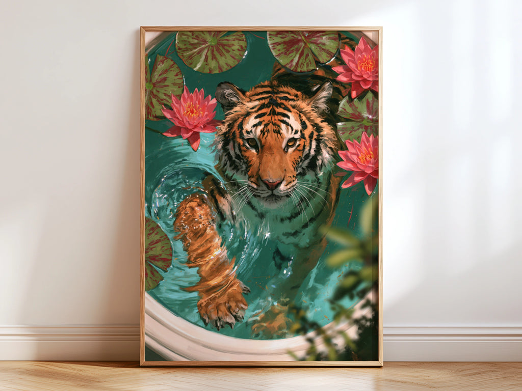 Tiger in Bath with Lotus Flowers Poster, Wildlife Art Print, Botanical