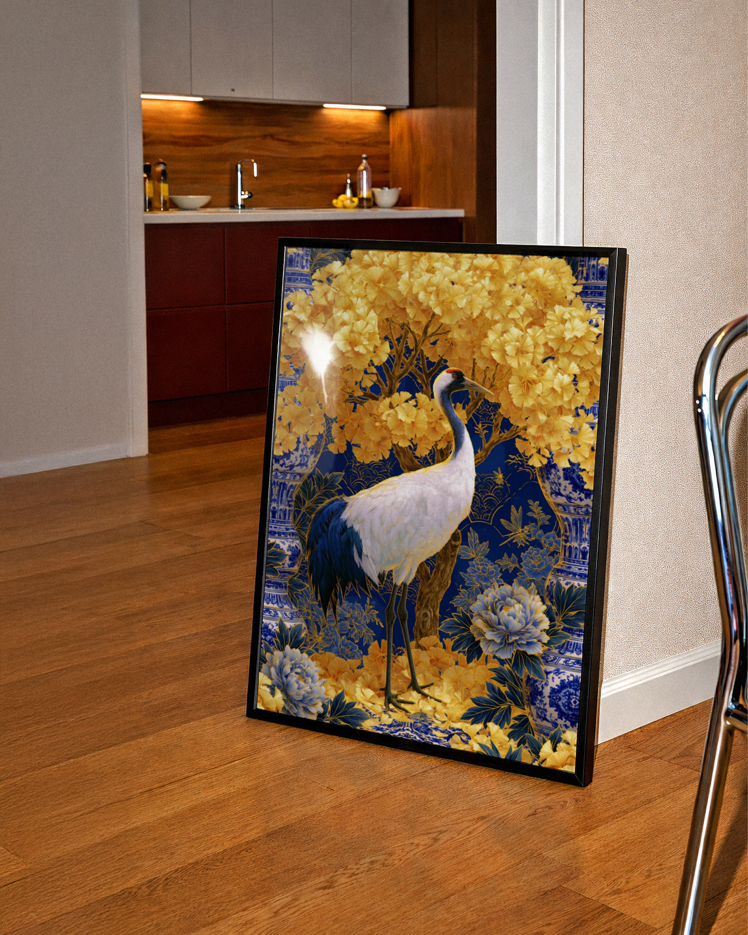 Chinoiserie Crane Gold Poster, Blue Navy Floral Wall Art, Oriental Bird Print