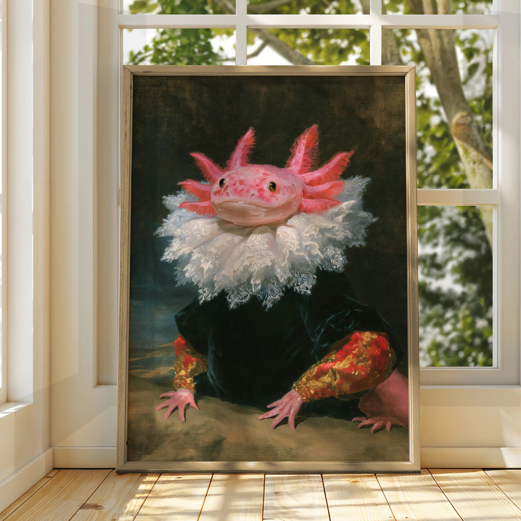 Axolotl Portrait Poster, Renaissance Style, Funny Animal Wall Art Print