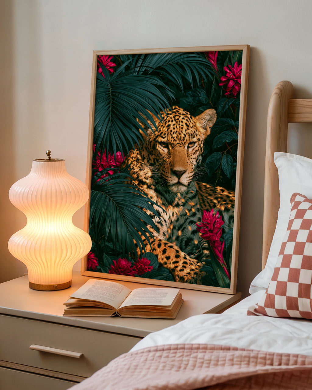 Jaguar Red Flowers Tropical Poster, Wild Cat Palm Leaves Wall Art Print