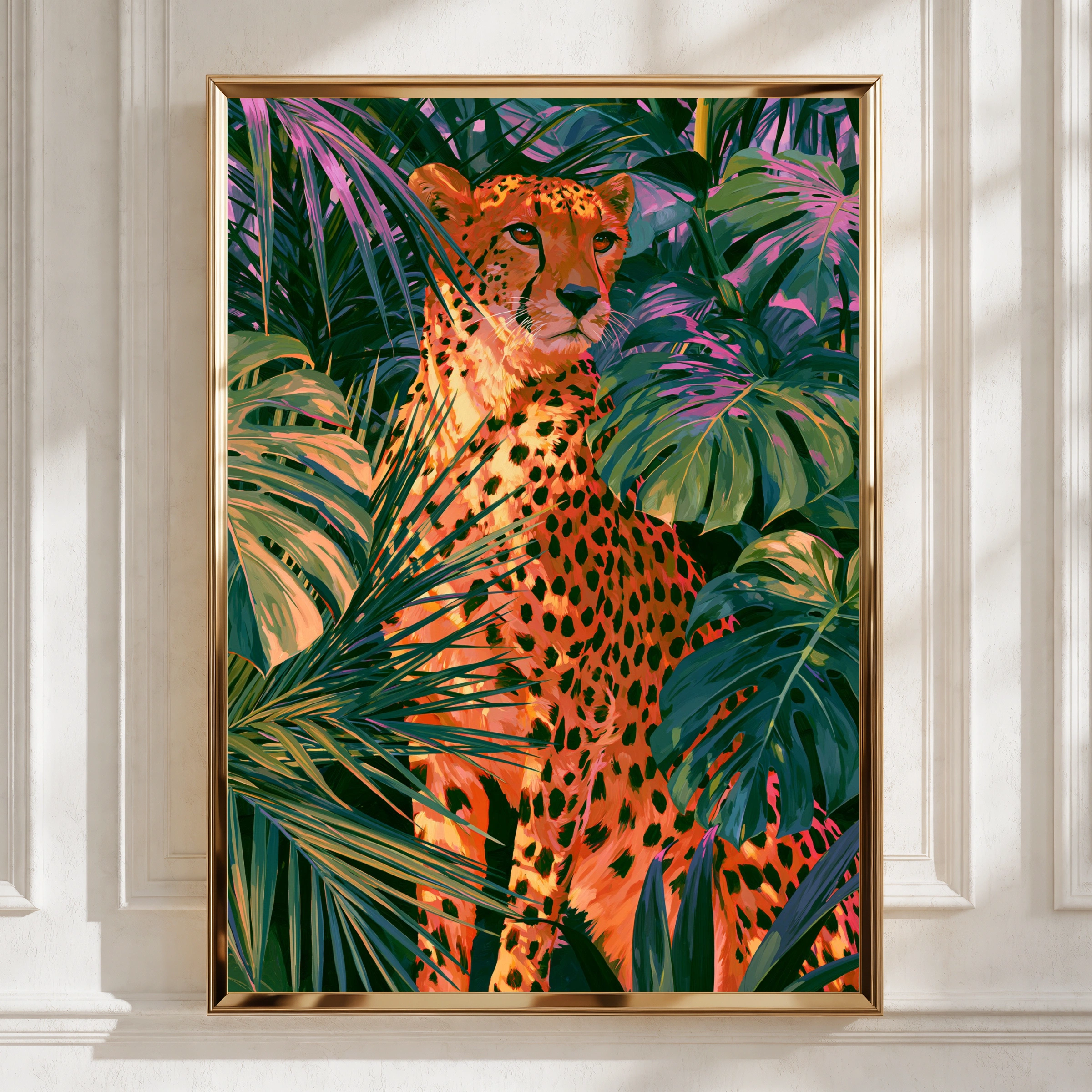 Cheetah Tropical Jungle Poster, Palm Monstera Leaves, Bold Colourful Wall Art