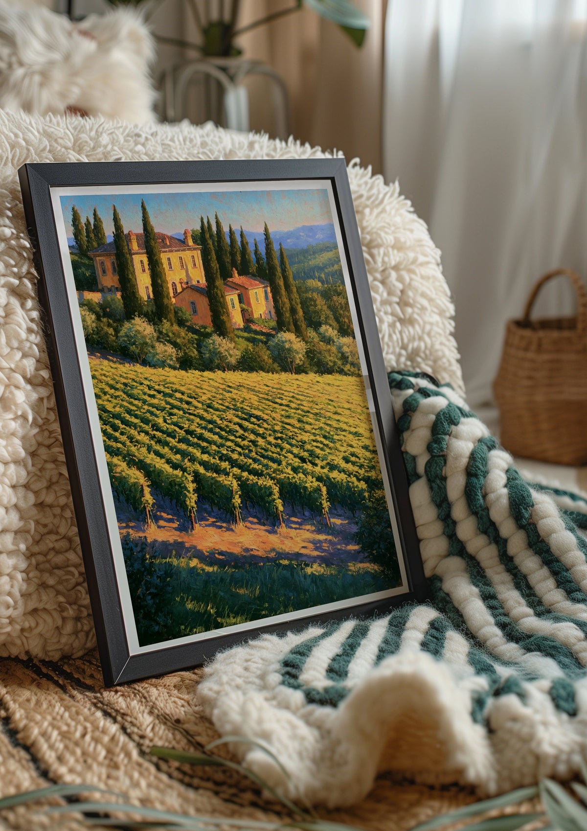 Tuscany Vineyard Poster, Italian Cypress Villa, Oil Painting Style Wall Art