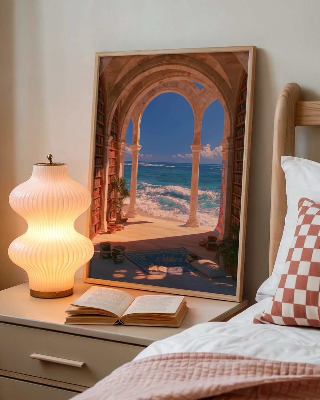 Library Sea View Poster, Stone Arches Bookshelf Ocean Wall Art Print
