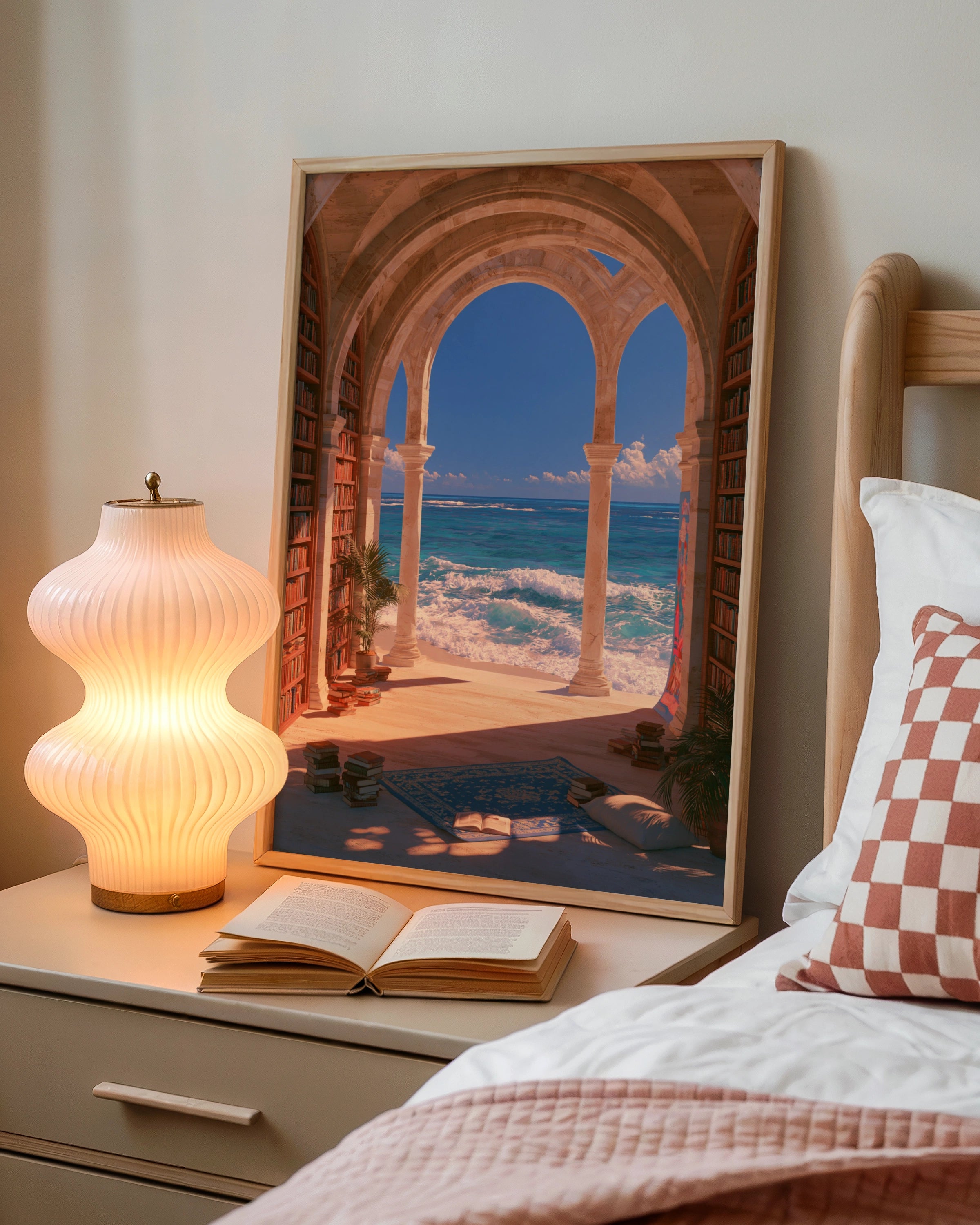 Library Sea View Poster, Stone Arches Bookshelf Ocean Wall Art Print
