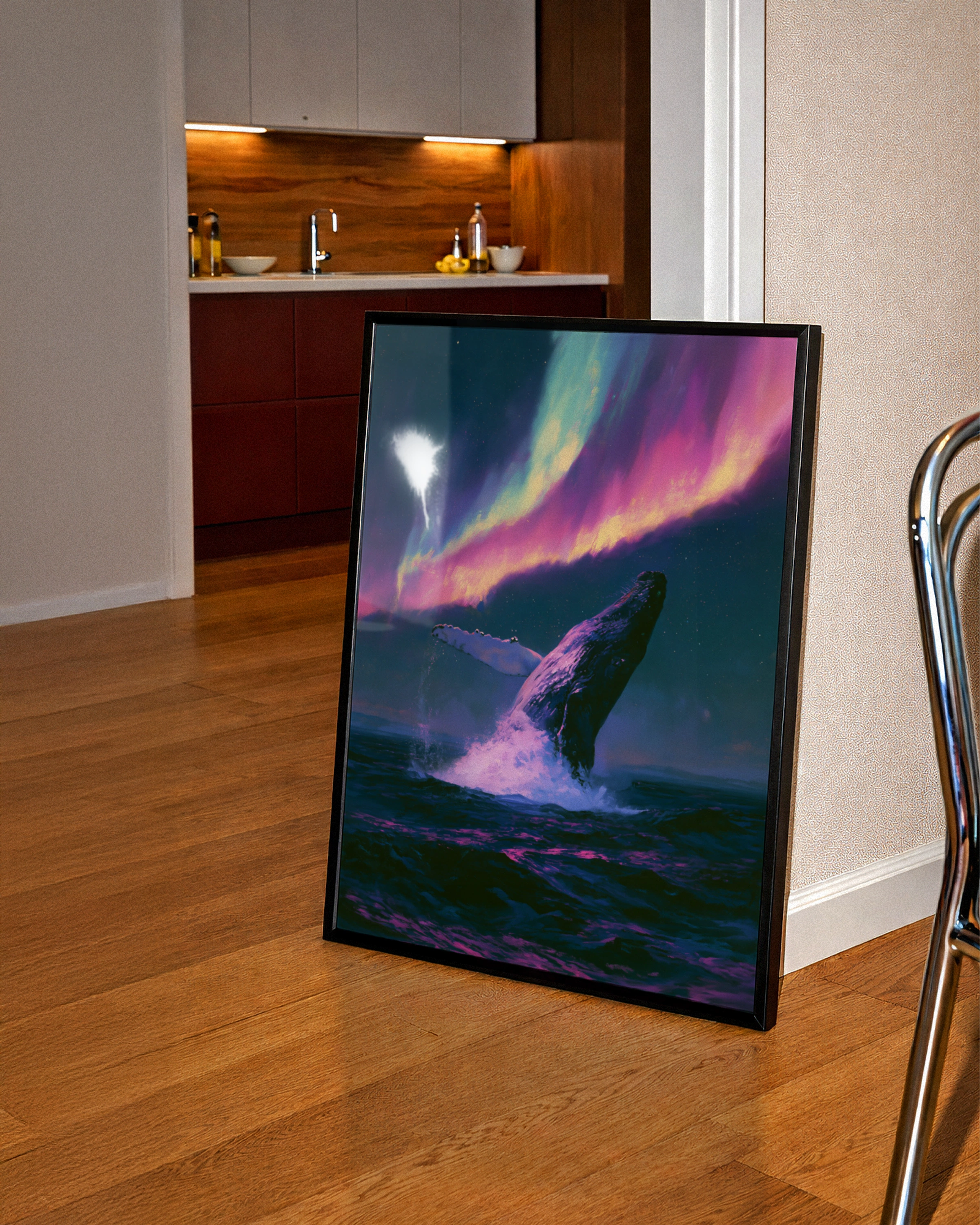 Whale Aurora Borealis Poster, Humpback Breaching Northern Lights Art Print