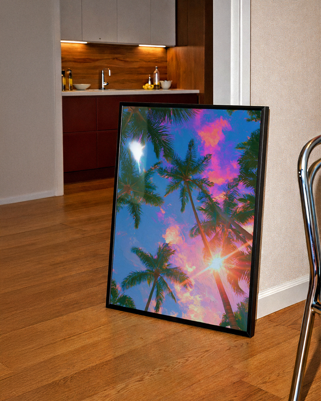 Palm Trees Sun Pink Clouds Poster, Tropical Sky Wall Art, Vibrant Sunset Print