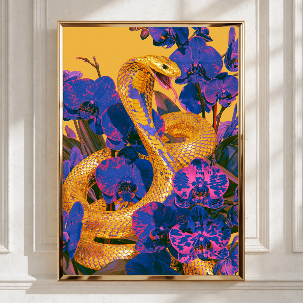 Gold Cobra Snake Orchid Flowers Poster, Bold Purple Yellow Wall Art Print