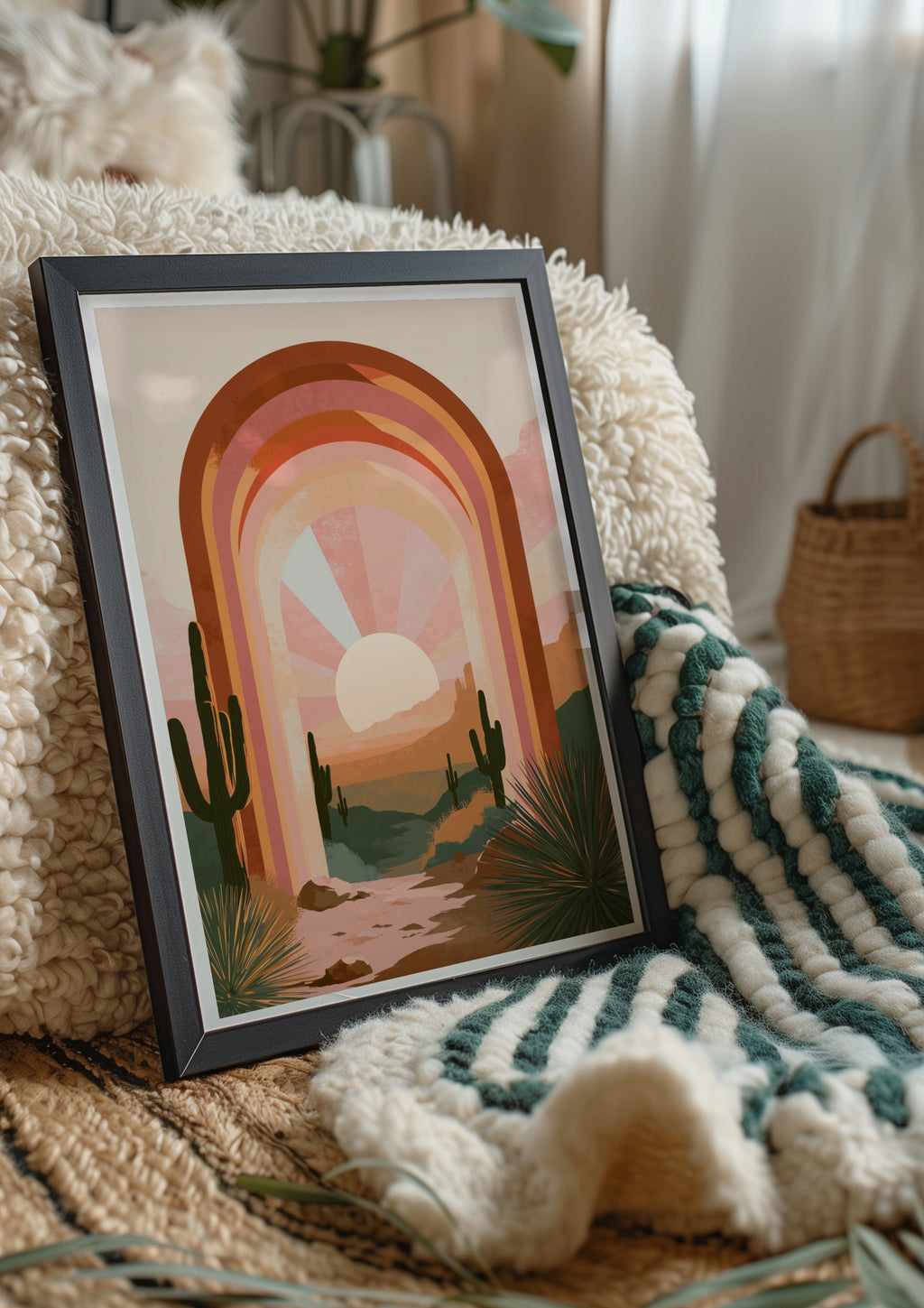 Desert Cactus Arch Sunset Poster, Surreal Boho Southwest Wall Art Print