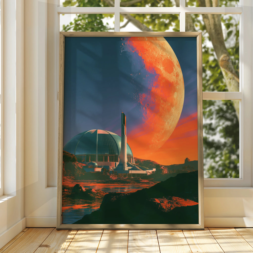 Space City Futuristic Colony Wall Art Poster, Sci-Fi Moon Print