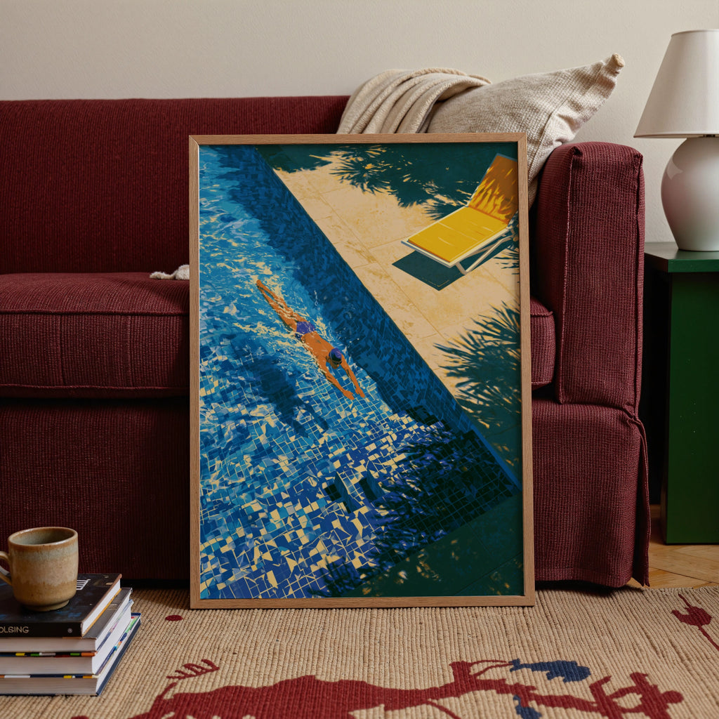 Swimming Pool Poster, Yellow Sun Lounger, Summer Art Print, Aerial View