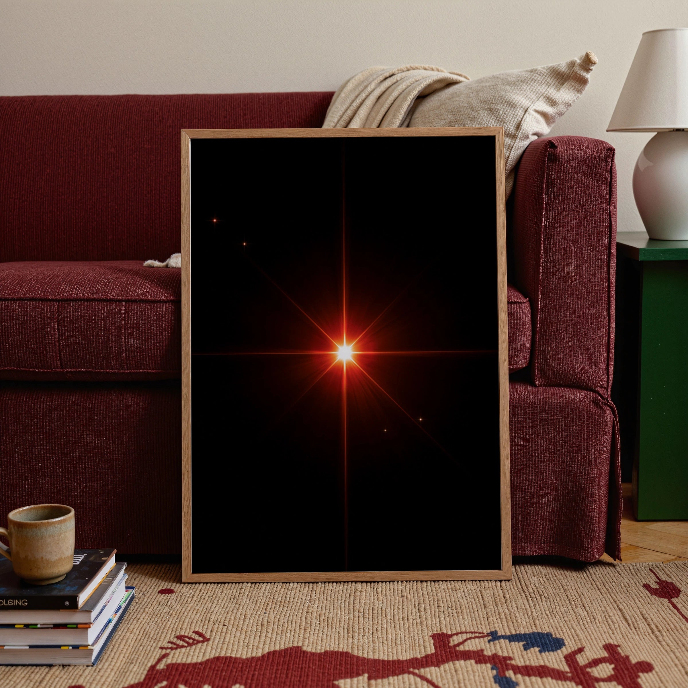 Red Star Burst Wall Art Poster, Dark Space Glow Print, Minimalist Cosmic