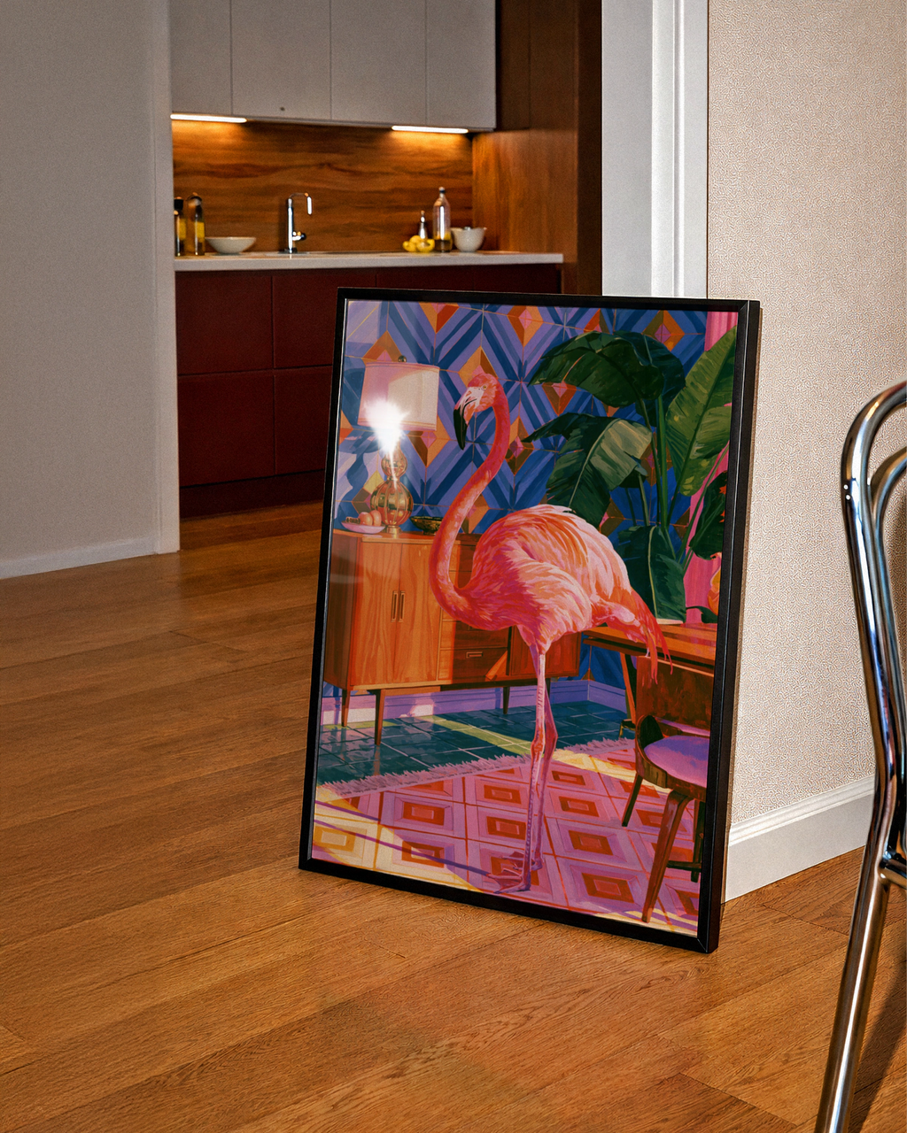 Flamingo Living Room Poster, Mid-Century Interior Wall Art, Tropical Bird Print