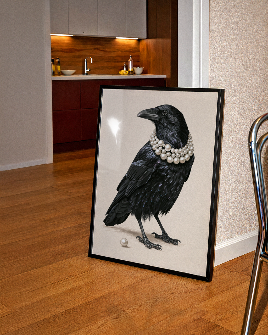 Raven with Pearl Necklace Poster, Black Crow Art Print, Whimsical Bird Wall Art