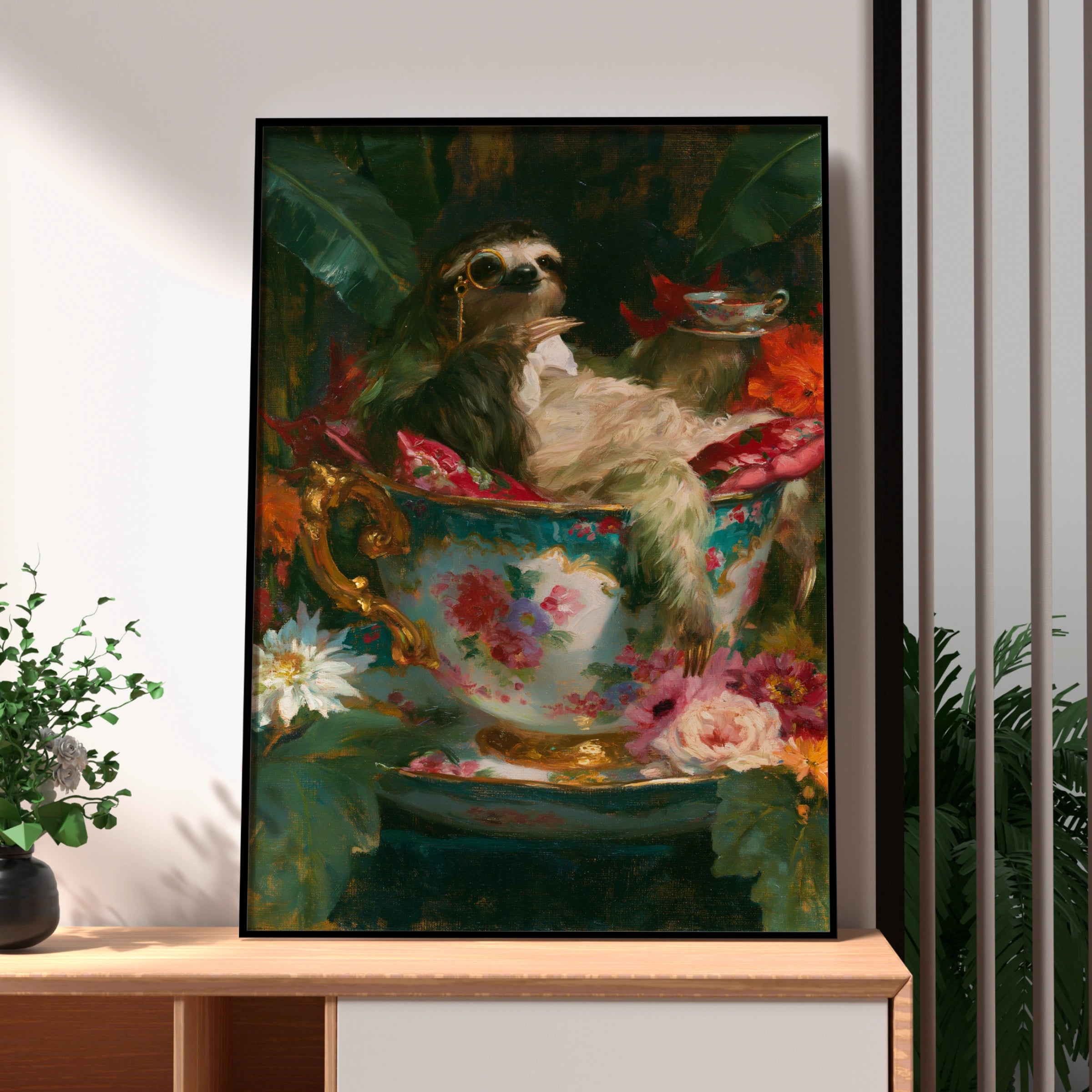 Sloth in Teacup Poster, Floral Oil Painting Style, Whimsical Animal Wall Art