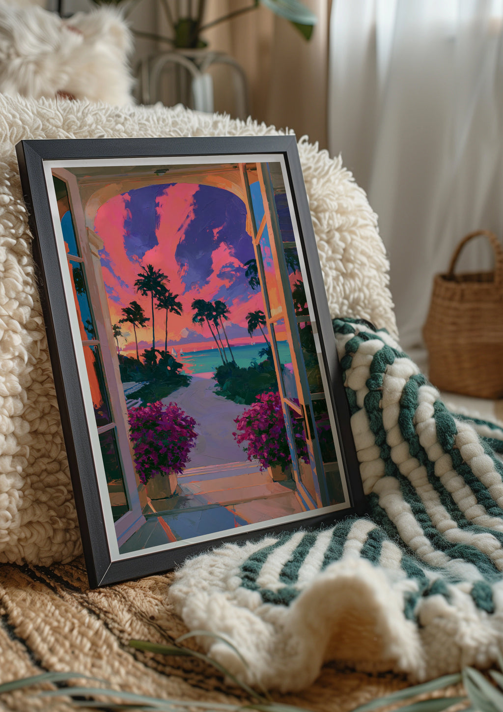 Sunset Beach View Through Arch Window, Tropical Palm Tree Poster, Vibrant Pink Sky Art