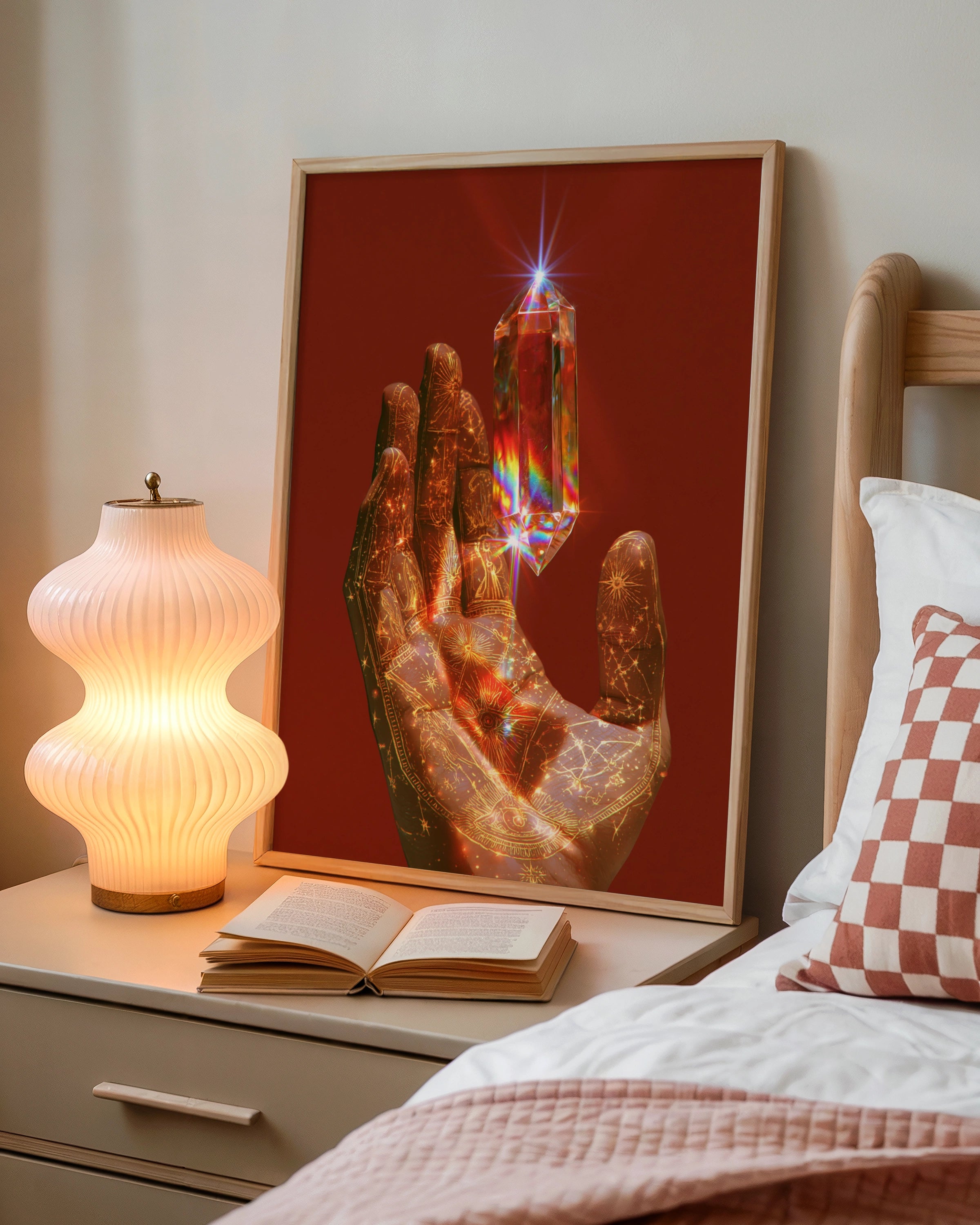 Crystal Prism Hand Poster, Mystical Celestial Art Print, Bohemian Wall Decor