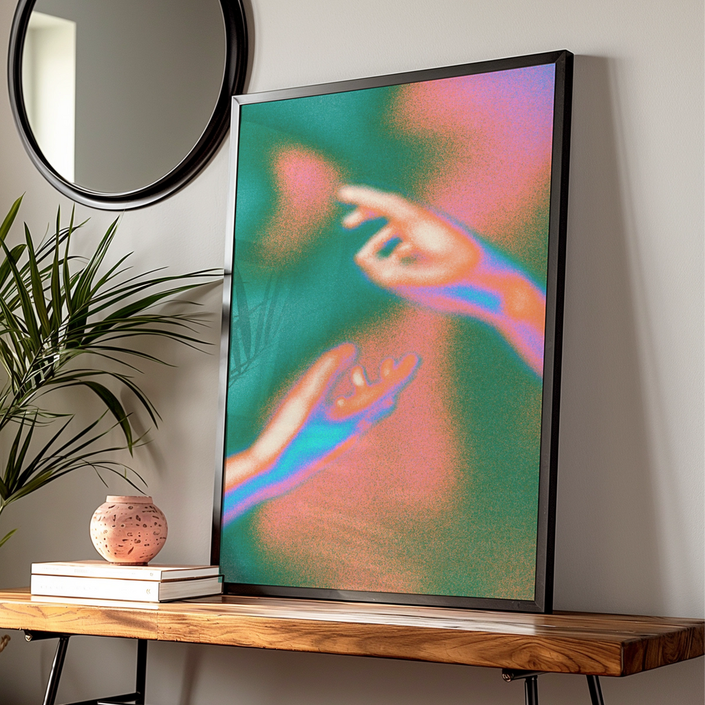 Psychedelic Hands Reaching Poster, Retro Love Art Print, Groovy Neon Wall Art