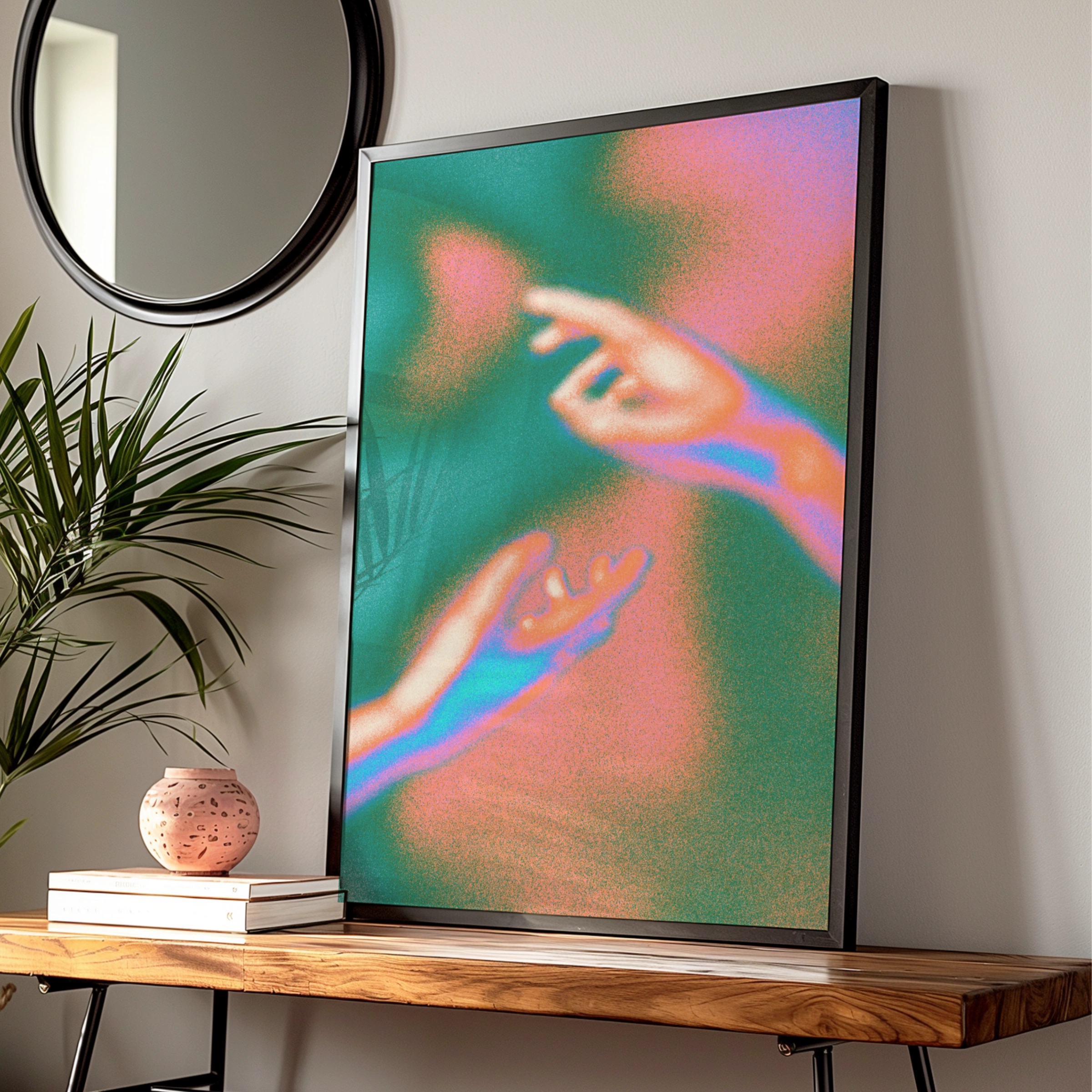 Psychedelic Hands Reaching Poster, Retro Love Art Print, Groovy Neon Wall Art