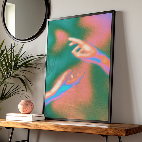 Psychedelic Hands Reaching Poster, Retro Love Art Print, Groovy Neon Wall Art