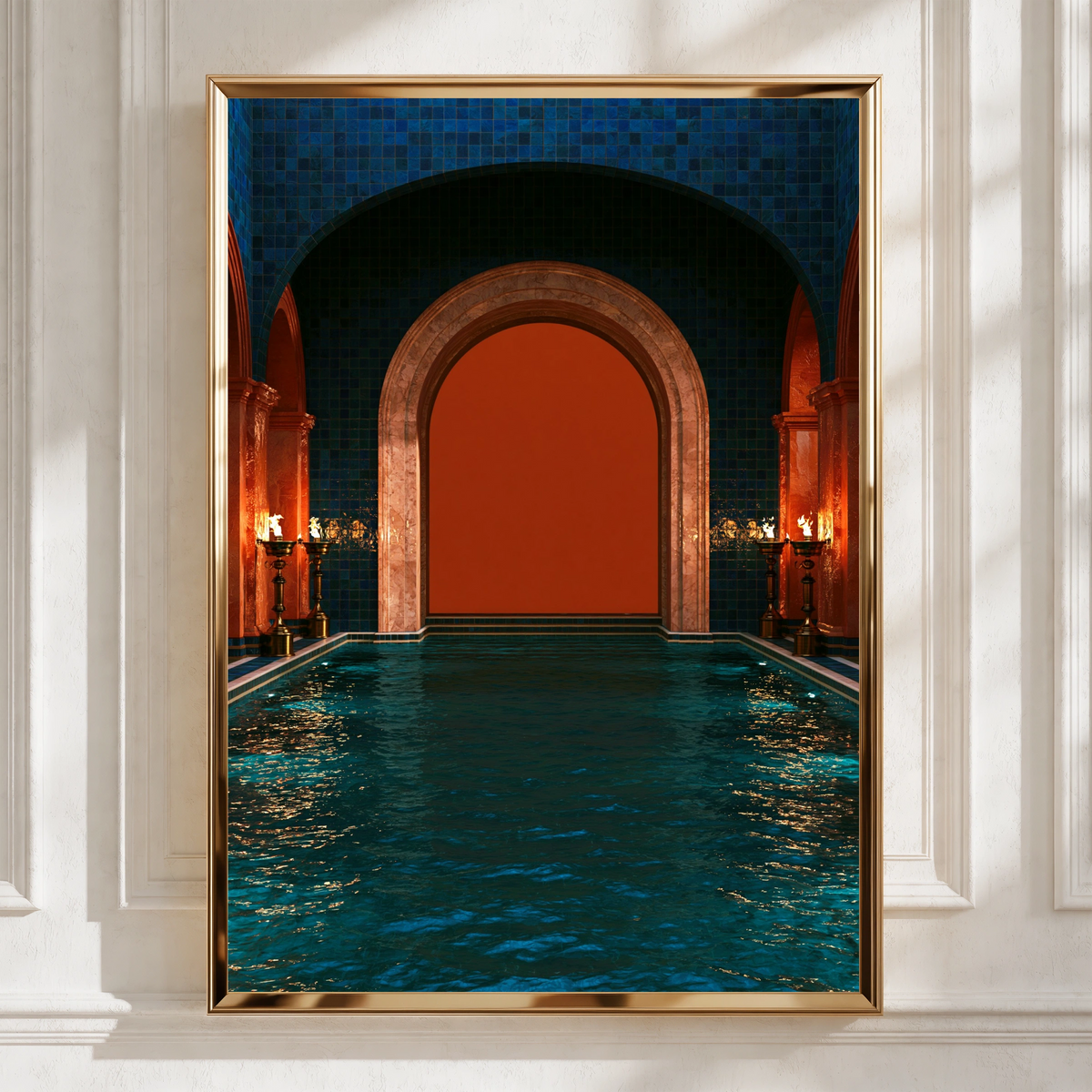 Roman Frigidarium Pool Print, Ancient Bathhouse Poster, Orange Flames Art